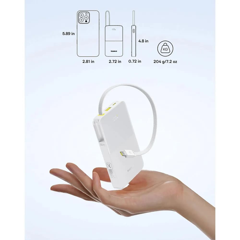 POWER BANK Baseus EnerFill FC51 Bipow2 Pro, 10000mAh, 22.5W, 1 x USB Type-C, 1 x USB, cablu integrat USB Type-C 22cm, alb, "E0027601" - 6932172691868 — miniatură