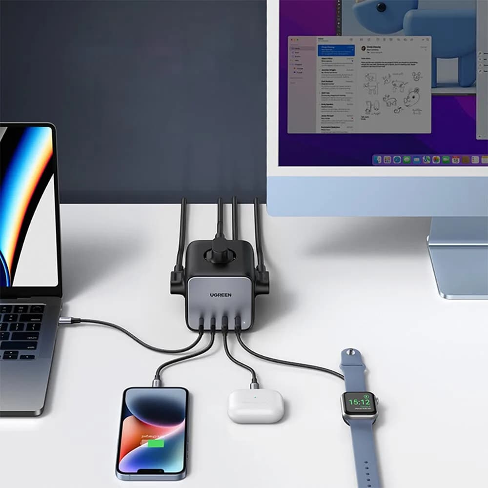 INCARCATOR RETEA Ugreen, "CD268", Powerstrip, Quick Charge 65W, 3 x AC, 2 x USB Type-C Output 5V/3A, 2 x USB, include cablu lungime 1.8m, gri "60113" - 6957303861132 — miniatură