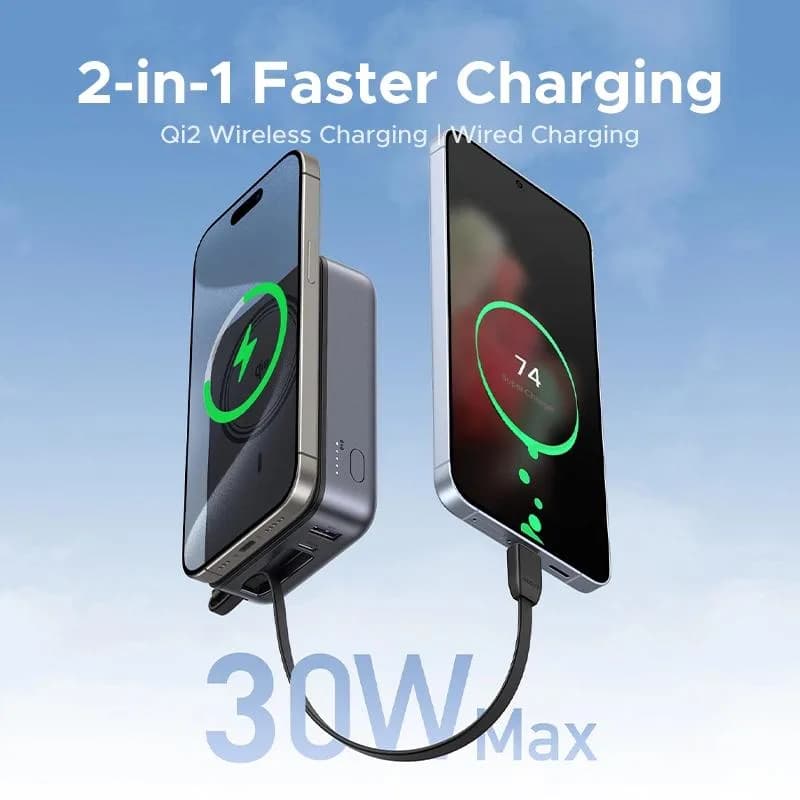 POWER BANK Ugreen "PB567", 20000mAh, 30W PD3.0, 1 x USB, 1 x USB Type-C, incarcare magnetica 15W, 1 x USB Type-C cablu integrat, gri, "55450B" — miniatură