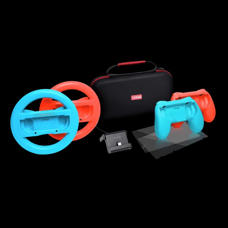 Pachet accesorii Trust pentru conosola Nintendo Switch, pachetul contine: husa de transport, 2 x prinderi Joy-Con, 2 x volan, sticla securizata pentru Switch, sticla securizata pentru Switch OLED, stand de incarcare, cablu USB-C-A, manual de utilizator