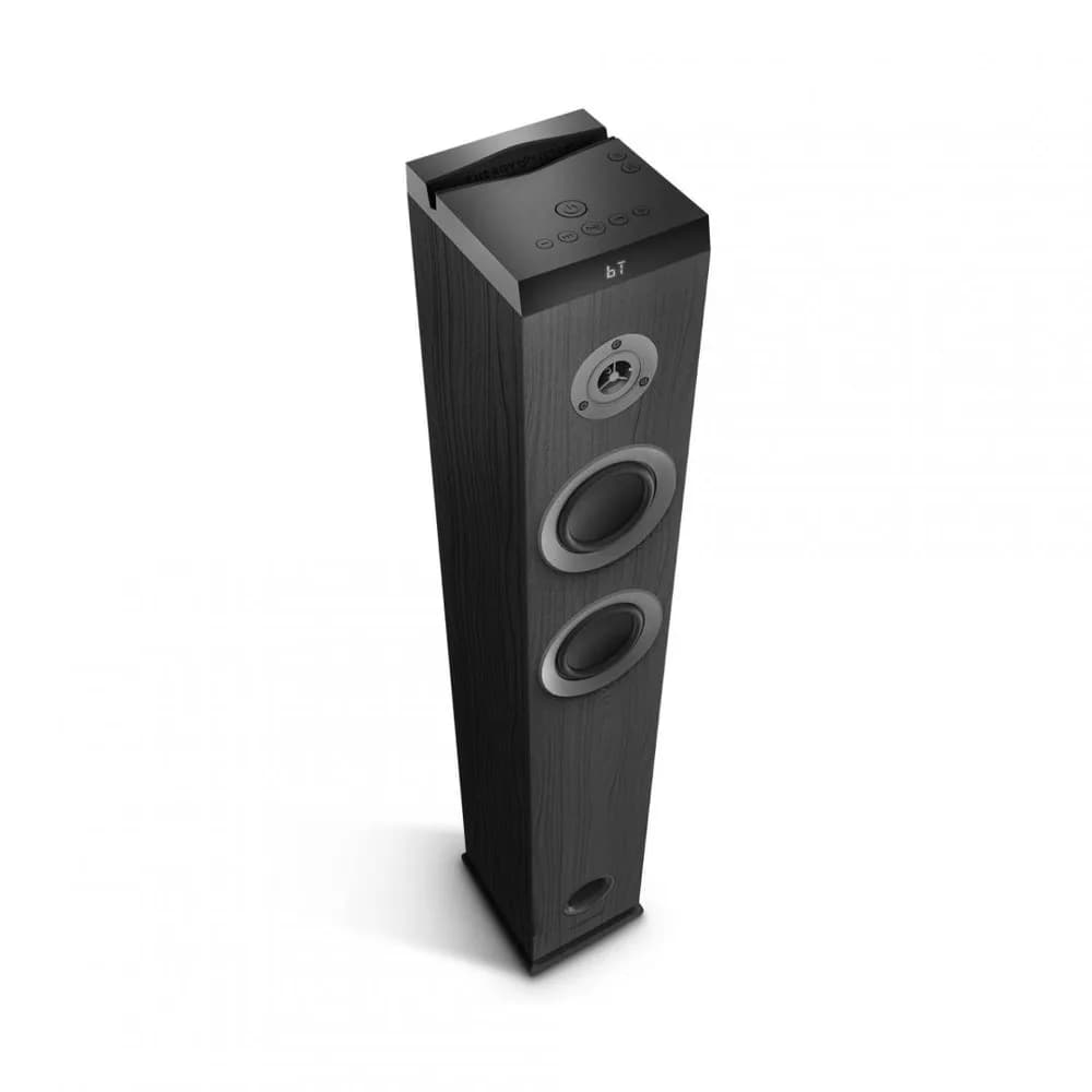Sistem Audio 2.1 Energy System Tower 5 MAX, bluetooth 5.3, interfata jack 3.5mm, putere: 100W, frecventa raspuns 40 Hz ~ 18 kHz, frecventa FM: 87,5 - 108 MHz, ecran/afisaj: LED, suport card de memorie: microSD si stick-uri USB pana la 128 GB, include telecomanda, material: lemn, dimensiuni — miniatură