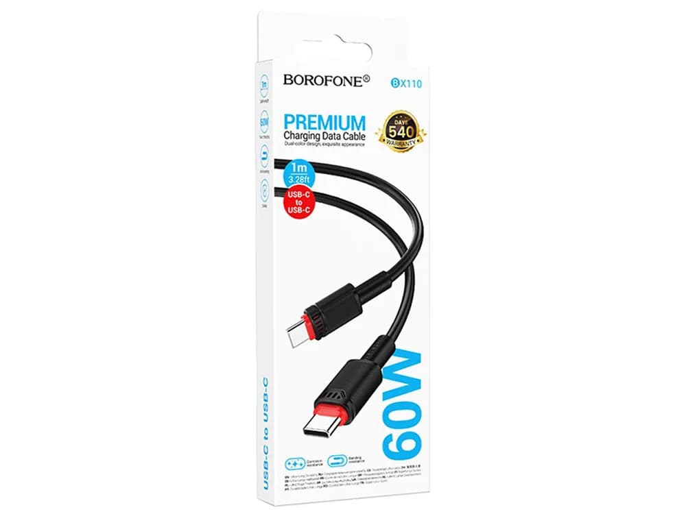 CABLU alimentare si date Borofone "BX110", Fast Charging Data Cable pt. smartphone, USB Type-C la USB Type-C, 60W, 1m, negru "6941991120763" — miniatură