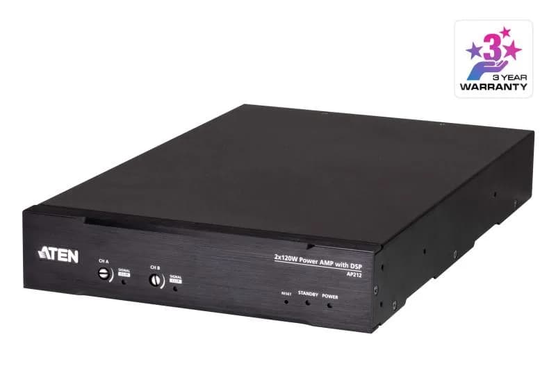 Amplifficator auto ATEN AP212-AT-G. Vârf de putere pe canal: 240 W, Clasa amplificatorului: D, THD, distorsiune armonică totală: 0,1%. Tip de conectivitate difuzoare: Euroblock, Tip conector RS-232: 3-pini. Tip de sursă de curent: AC, Tensiune AC intrare: 100 - 240 V, Frecvență de intrare AC: 50/60