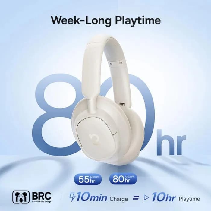 CASTI Baseus Bowie Bass BH1 NC Wireless Noise Cancelling, over ear, 40mm Dynamic Drivers, autonomie 80 ore, microfon pe casca, conectare prin Bluetooth 6.0, alb "A0203702" - 6932172697006 — miniatură