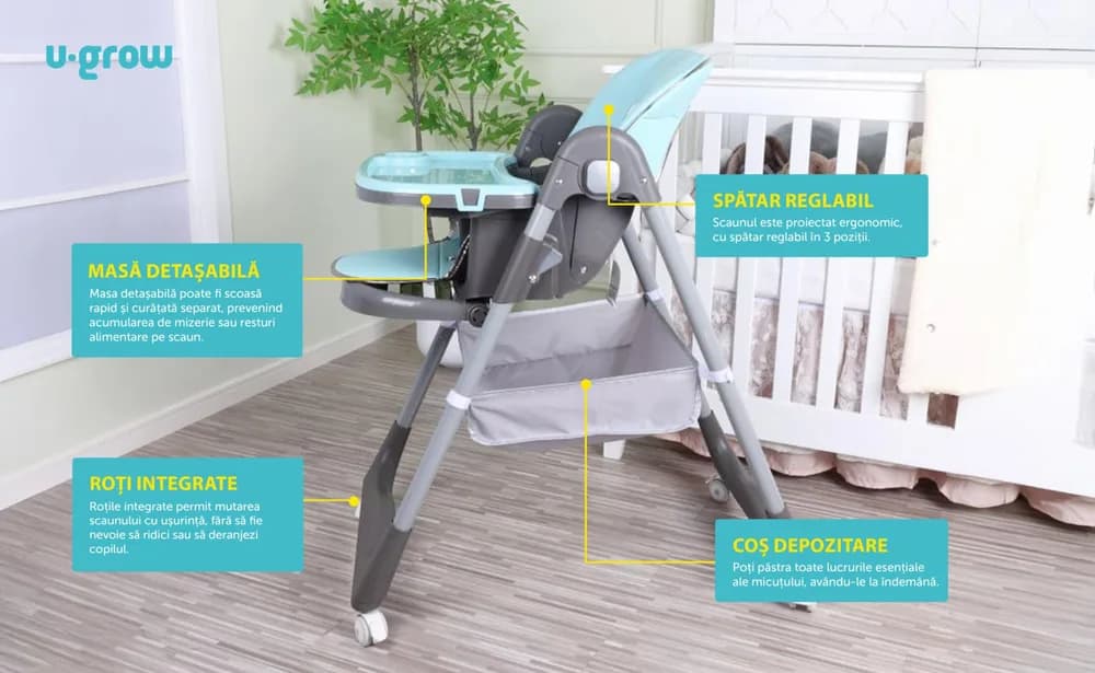 Scaun de masa cu inaltime reglabila, spatar ajustabil in 4 pozitii, pliabil, blue, U-Grow — miniatură