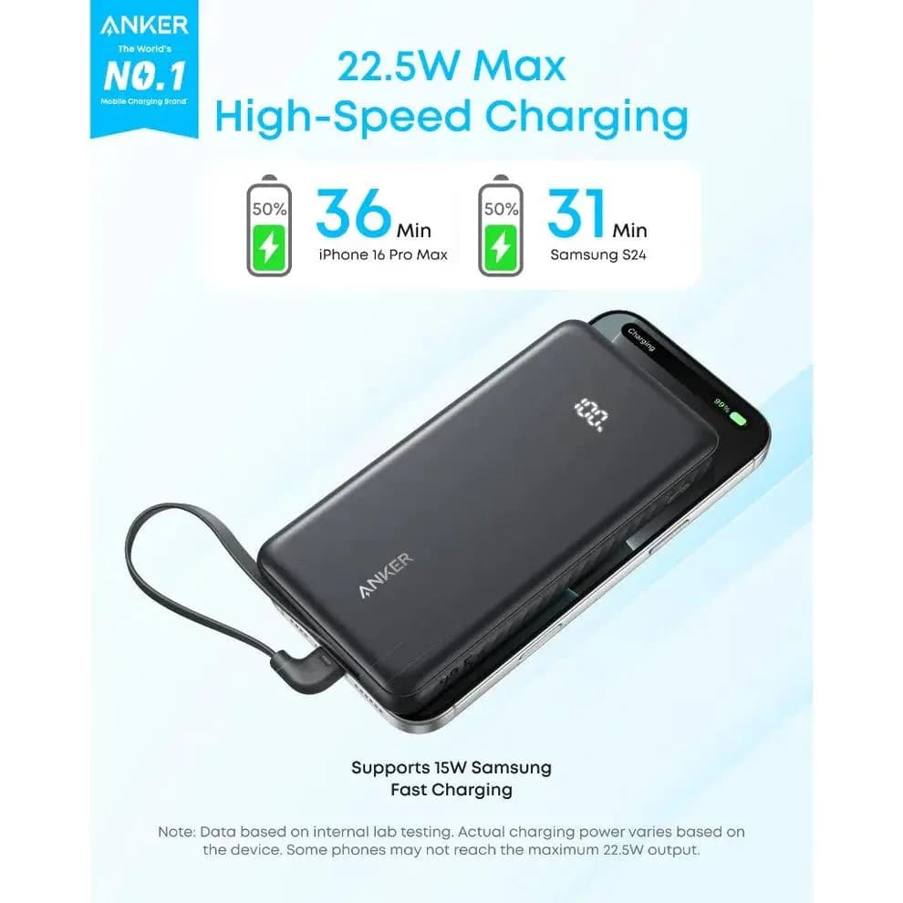 POWER BANK Anker 10.000 mAh, 22.5W Fast charge, 1 x USB-C, 1 x USB-A, afisaj electronic, cablu USB-C inclus, 229, negru, "A110DH11" - 194644291464 — miniatură
