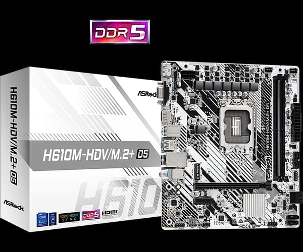 Placa de baza AsRock "H610M-HDV/M.2+ D5", skt. LGA 1700, chipset Intel H610, mATX, 2 x DDR5 max. 96 GB, USB 3.2 gen 1, 4 x SATA, 1 x M.2, PCIe 4.0, HDMI, DisplayPort, VGA, "H610M-HDV/M.2+ D5" — miniatură