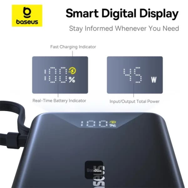 POWER BANK Baseus PicoGo, display, capacitate 10000mAh, 45W, cablu integrat USB Type-C, 1 x USB Type-C, 1 x USB, total 5V/3A, negru, "P10076803123-00" - 6932172678715 — miniatură