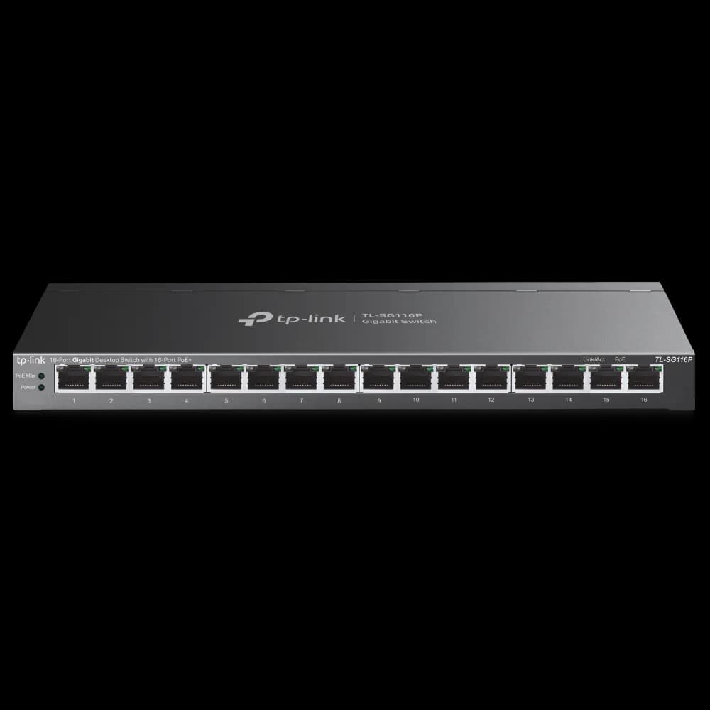"16-Port Gigabit Desktop Switch with 16-Port PoE+ PORT: 16× Gigabit PoE+ Ports SPEC: 802.3at/af, 120 W PoE Power, Desktop Steel Case FEATURE: Extend Mode for 250m PoE Transmitting, Priority Mode for Port1-4, Isolation Mode, PoE Auto Recovery, Plug and Play"