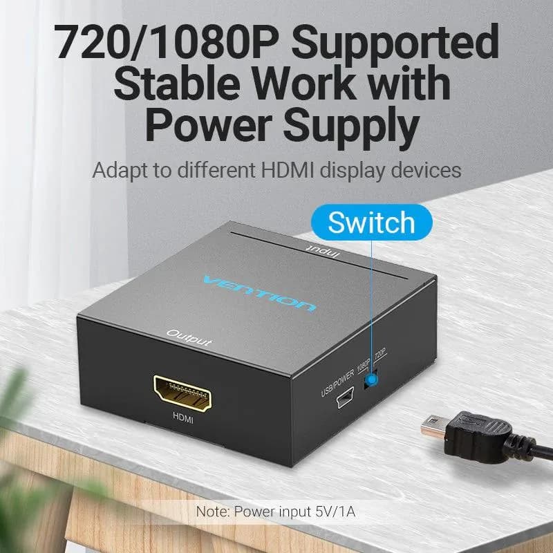 Convertor video Vention, HDMI (M) la RCA (M), switch 1080p/720, alimentare prin miniUSB-B inclus, carcasa metalica, conectori auriti, negru, "AEFB0" - 6922794746145 — miniatură