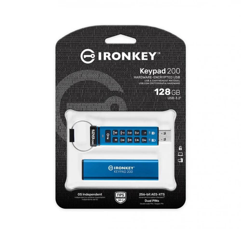 Memorie USB Kingston IronKey Keypad 200 128GB, USB 3.2, Albastru — miniatură