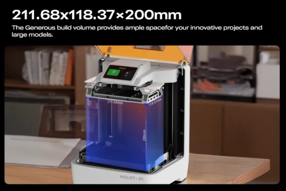 CREALITY HALOT-X1 RESIN 3D PRINTER, Tehnologie LCD, Volum printare: 211.68mm*118.37mm*200mm, Dimensiuni imprimanta: 344mm*331mm*434mm, Sursa lumina: Honeycomb Matrix, Expunere: 6500+10% μW/cm2, Rezolutie: 16K(15120*6230PX), Dimensiune pixel: 14*19μm, Acuratete axa Z: 0.01mm, Grosime strat — miniatură