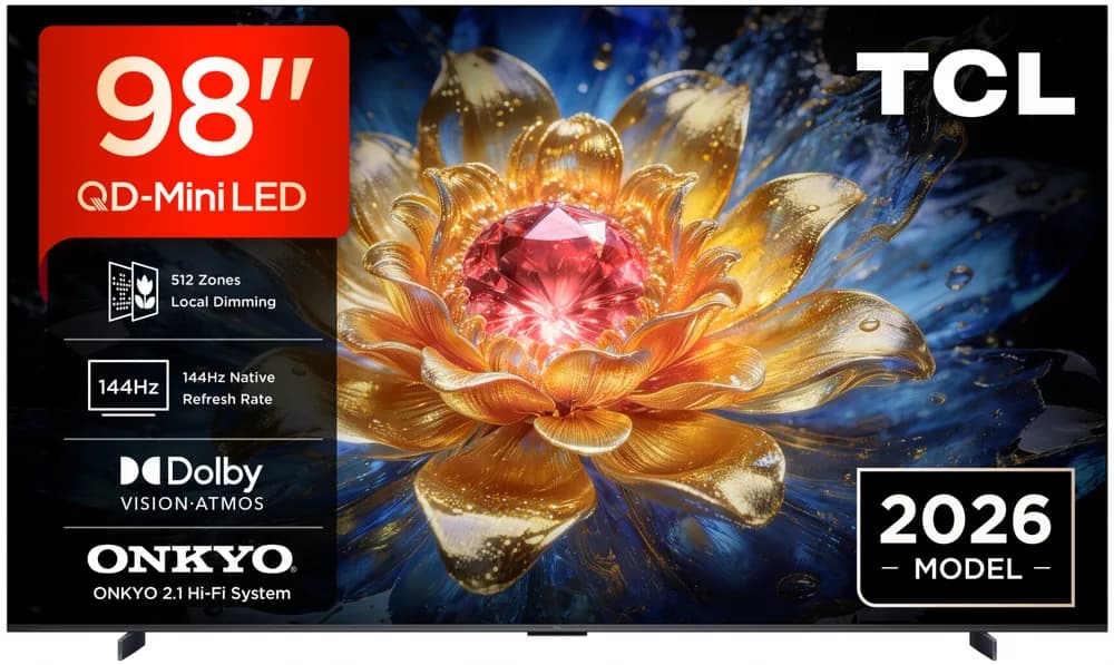 Televizor TCL QD-MiniLED 98T8D, 248 cm, Smart Google TV, 4K Ultra HD, 144Hz, Onkyo