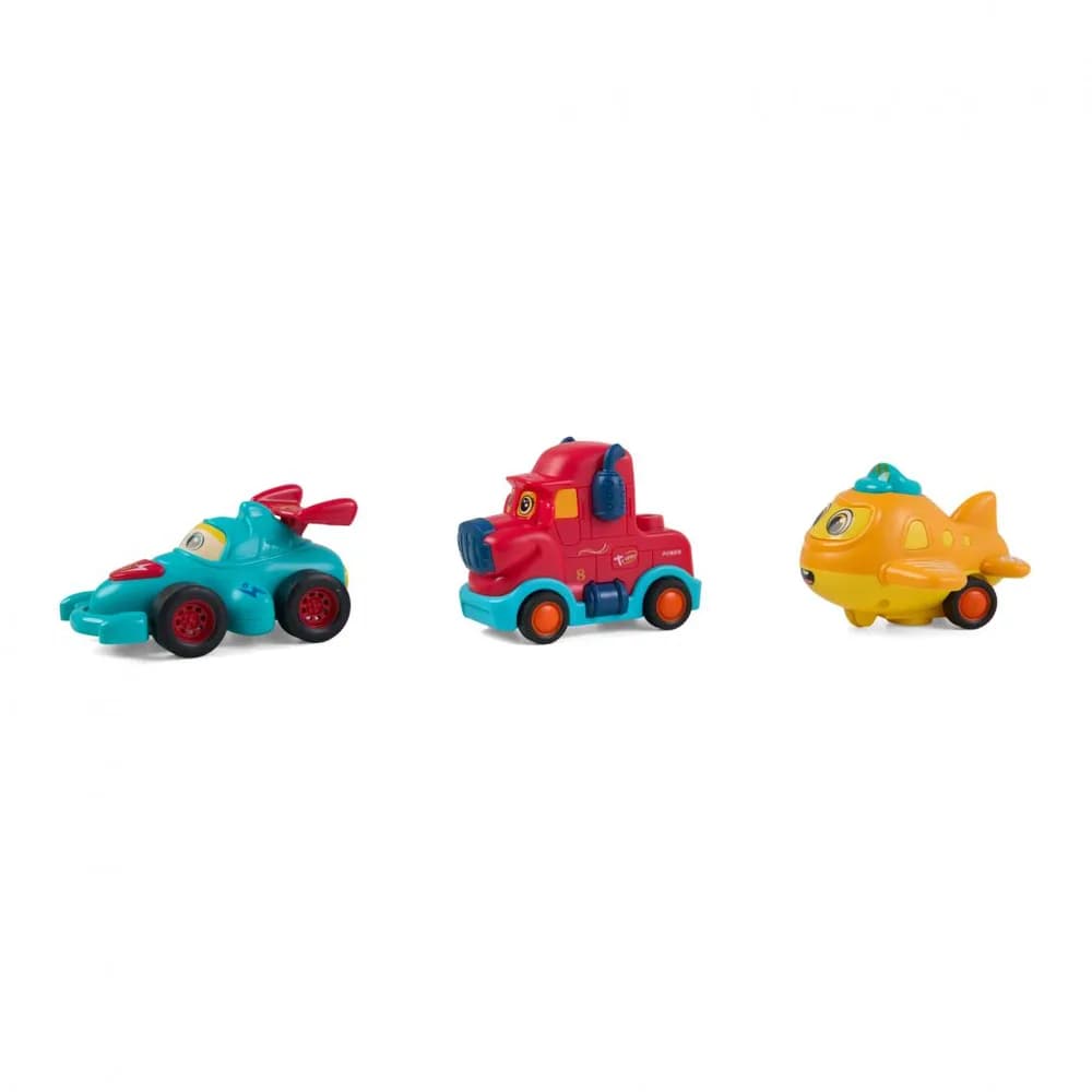 SET 3 VEHICULE ACTIONATE PRIN INERTIE- CAMION ROSU, MASINA DE CURSE ALBASTRA, AVION GALBEN,MOMKI — miniatură