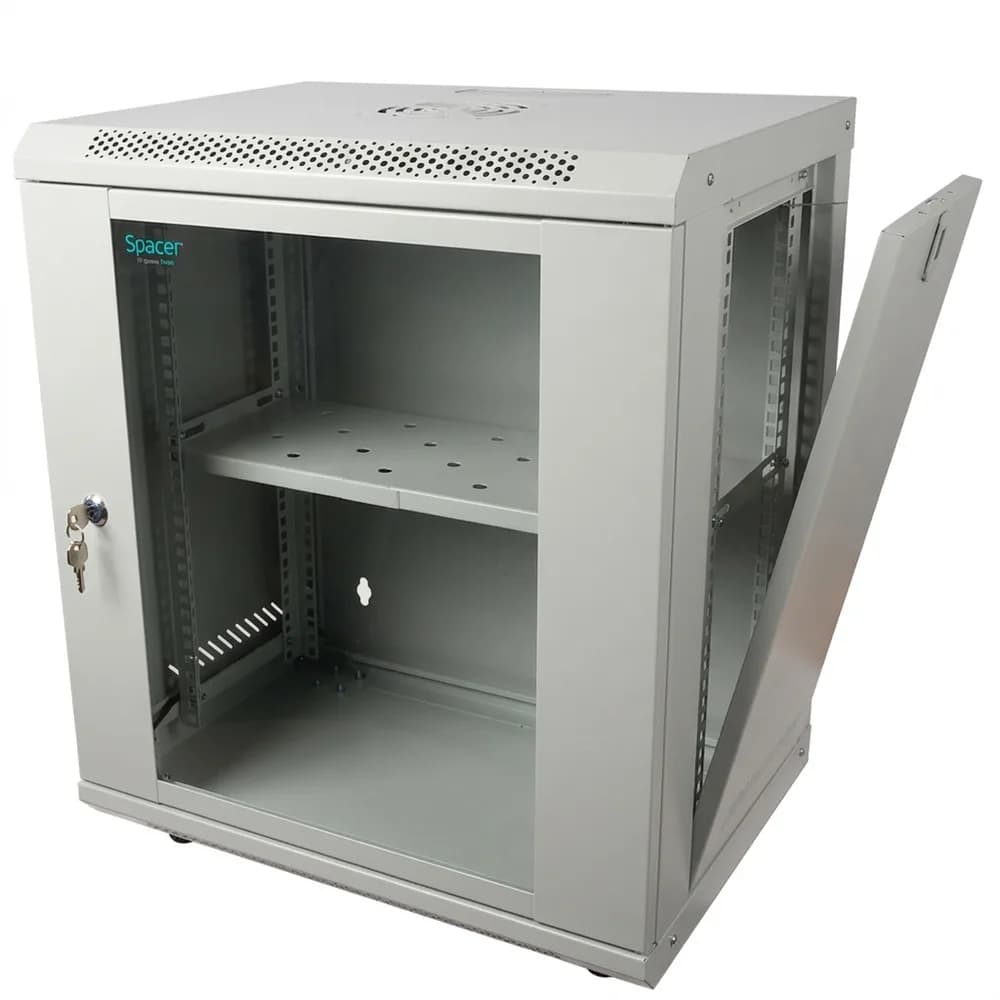 CABINET 19" SPACER 12U 500x400mm, fixare pe perete, Flatpack (dezasamblat), Grey, usa sticla cu blocare, panouri detasabile, otel 1mm, sarcina maxima 25Kg, contine un raft si roti, "SPCW-12U-400-GR-02" — miniatură