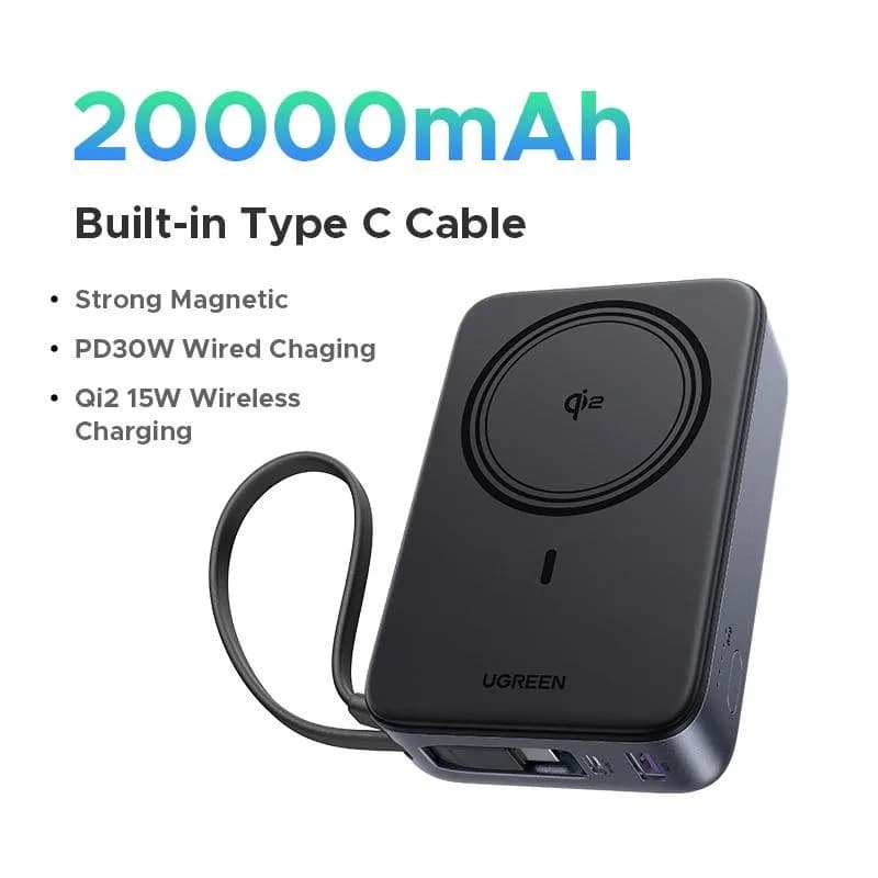 POWER BANK Ugreen "PB567", 20000mAh, 30W PD3.0, 1 x USB, 1 x USB Type-C, incarcare magnetica 15W, 1 x USB Type-C cablu integrat, gri, "55450B" — miniatură