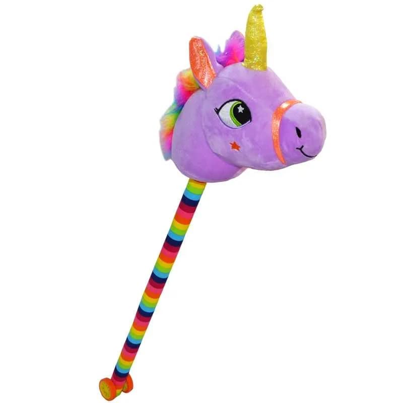 Unicorn de calarit, cu tija + rotile, cu sunet, mov/albastru/roz/galben, 80 cm — miniatură