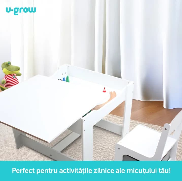 Set masuta si 2 scaune pentru copii, alb MDF, U-Grow — miniatură