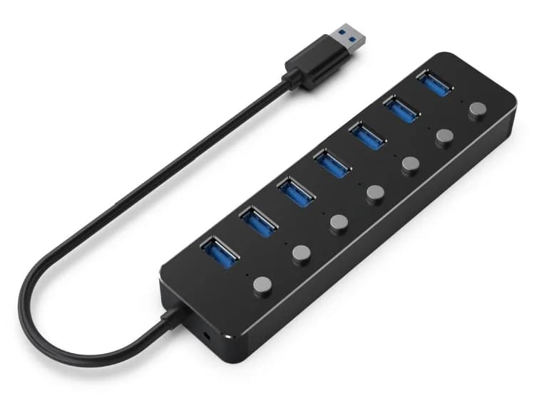 HUB extern GEMBIRD, porturi USB: USB 3.1 x 7, conectare prin USB, cu on/off, cablu 0,24 m, negru, "UHB-U3P7P-01" - 8716309124676
