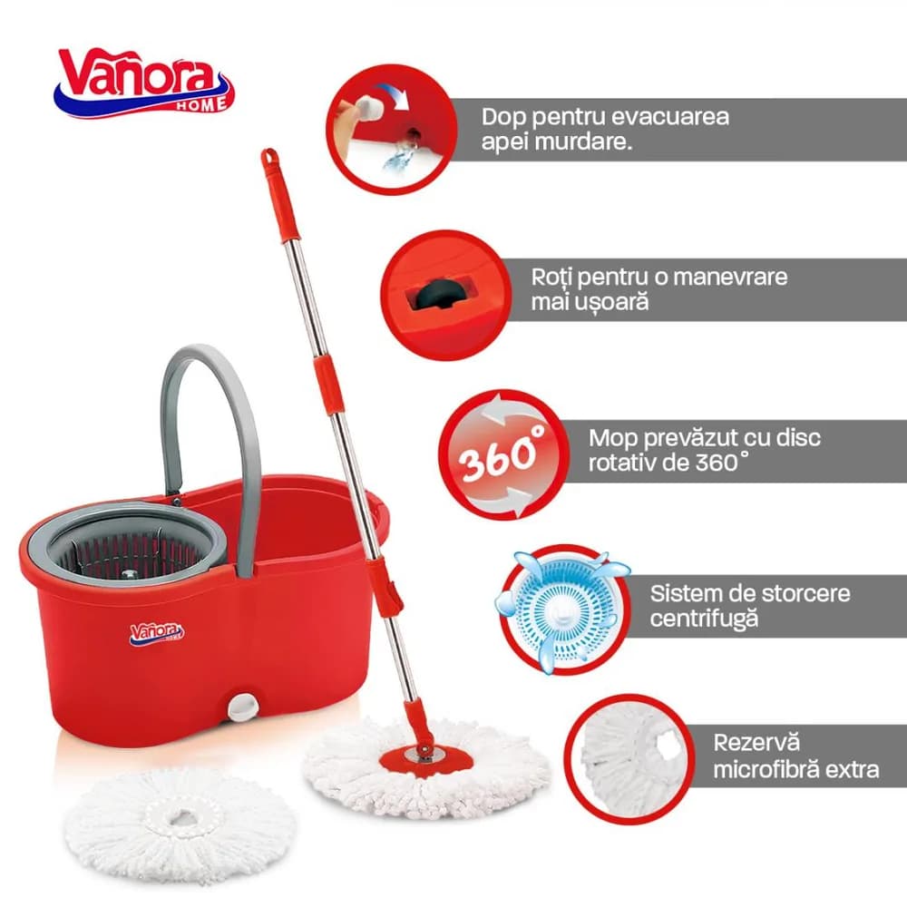 SET CURATENIE CU MOP ROTATIV, CLEAN360, ROSU — miniatură