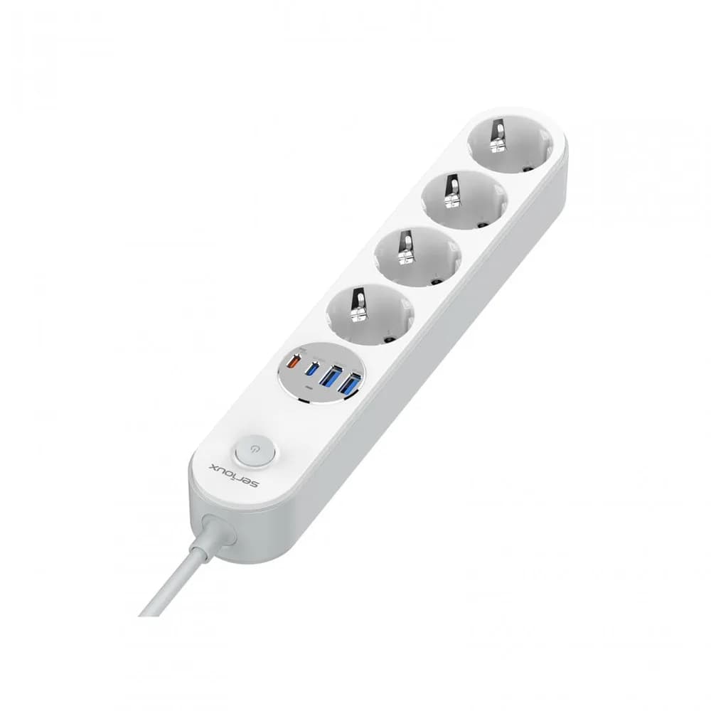 Prelungitor cu protectie Serioux SRXP-PS44W, 4 prize schuko, Tensiune intrare: 100-240V, 50-60Hz, Tensiune ieşire (total): 2500W-10A, 4 porturi USB (auto max), USB-C1-20W si USB-C2/A1/A2-12W, Amperaj port USB (max): 3.4A, Funcţie auto ID — miniatură