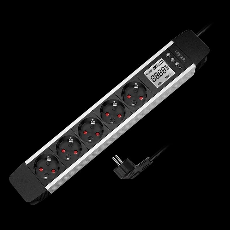 PRELUNGITOR LOGILINK, Schuko x 5, cablu 3G 1.5mm2, 230 V/16 A, 50 Hz, max. 3500 W, LCD consum, butoane: Power, Q, CO2, Reset, 1.4m, negru-argintiu, "LPS286"