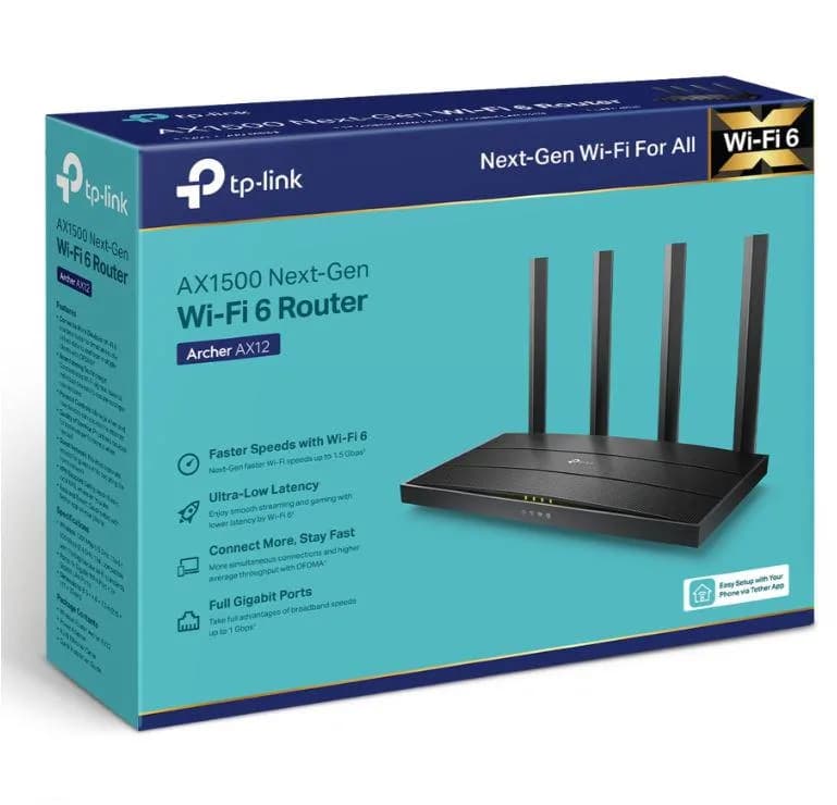 TP-LINK Wireless Router AX1500 WI-FI6, DUAL-BAND, ARCHER AX12; Standarde wireless: IEEE 802.11ax/ac/n/a 5 GHz, IEEE 802.11n/b/g 2.4 GHz, viteze wireless: 5 GHz: 1201 Mbps (802.11ax) 2.4 GHz: 300 Mbps (802.11n), 4 x antene fixe, mod router, mod access point, interfata: 1× port WAN Gigabit, 3× porturi — miniatură