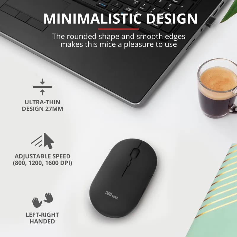 Mouse Wireless Trust Puck Rechargeable Wireless Ultra-Thin Mouse, 1600 dpi, Negru — miniatură