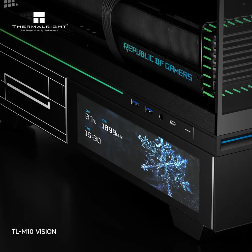 CARCASA Thermalright "TL-M10 Vision Black FAN4-C", mid tower, sticla securizata, ecran LCD 9.16", fara PSU, 4 x fan incluse (3x TL-C12RB-S V2 + 1x TL-C12C-S 120mm), H max cooler 185mm, USB-C, 2x USB 3.0, negru, ARGB, "TL-M10 Vision Black FAN4-C" (tim — miniatură