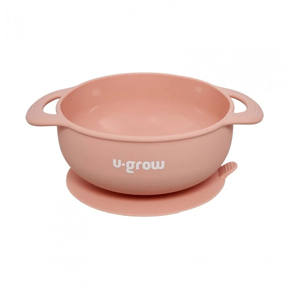 Set diversificare 5 piese silicon : baveta, bol, farfurie, lingurita si furculita, roz, U-Grow — miniatură