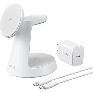 Stand cu incarcare wireless 3 in 1 Anker, MagGo 3-in-1, 15W, fast charge, pentru iPhone seriile 12-16. apple Watch si AirPods, cablu USB-C inclus, 1 x USB-C incarcare, alb, "B25M4G21" - 0194644206772
