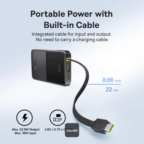 POWER BANK Baseus EnerFill FC51 Bipow2 Pro, 10000mAh, 22.5W, 1 x USB Type-C, 1 x USB, cablu integrat USB Type-C 22cm, negru, "E0027600" - 6932172691875 — miniatură