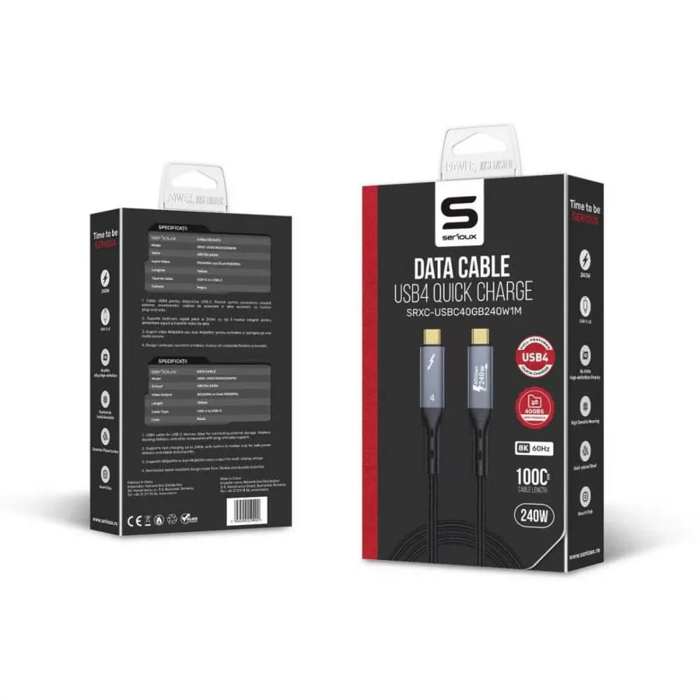 Cablu Serioux USB-C la USB-C, 240W, E-marker Chip integrat, viteza transfer 40Gbs, lungime cablu 100cm, iesire video 8K@60HZ sau Dual 4k@ 60hz, negru — miniatură