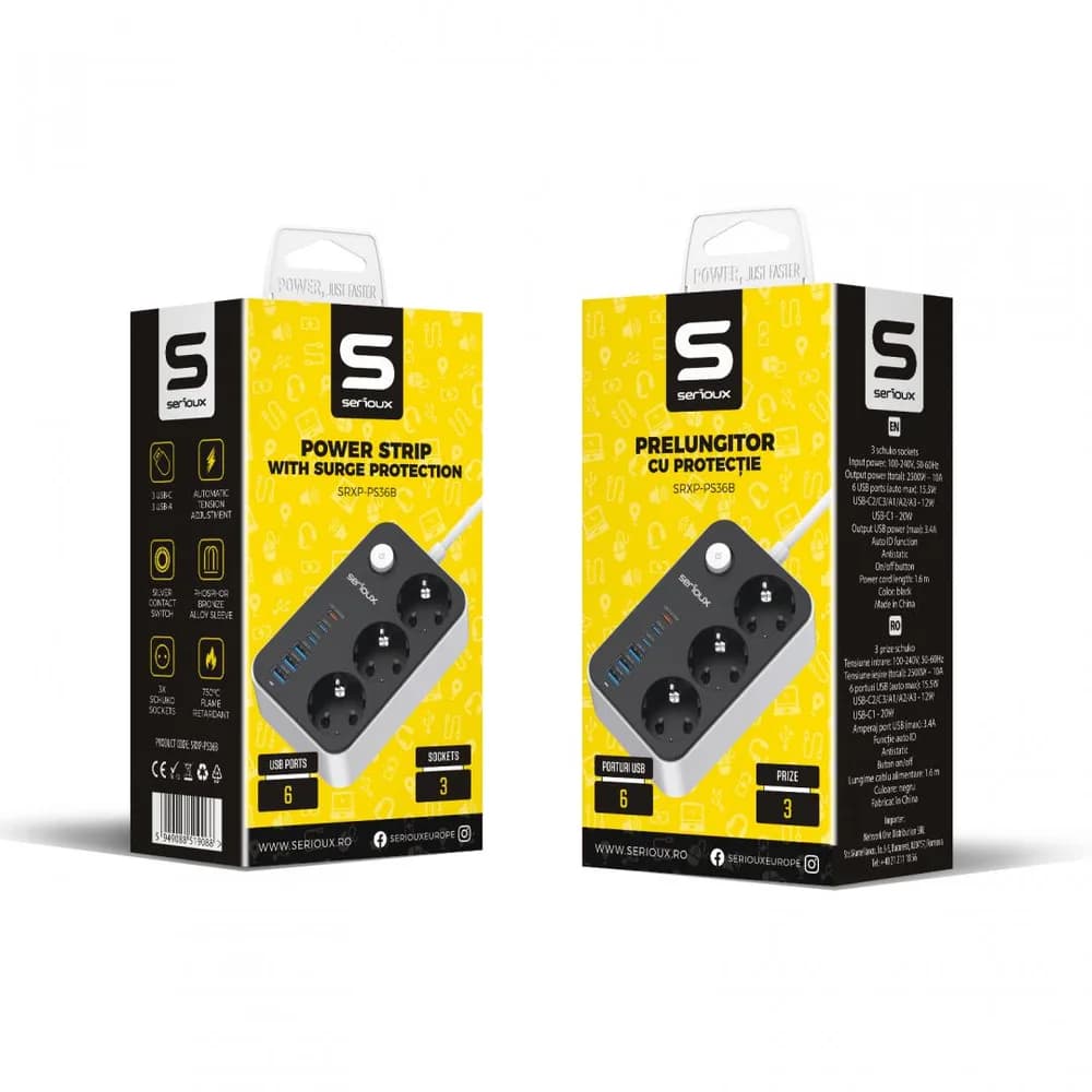 Prelungitor cu protectie Serioux SRXP-PS36B, 3 prize schuko Tensiune intrare: 100-240V, 50-60Hz Tensiune ieşire (total): 2500W – 10A 6 porturi USB (auto max): 15.5W USB-C2/C3/A1/A2/A3 - 12W USB-C1-20W Amperaj port USB (max): 3.4A Funcţie auto ID — miniatură