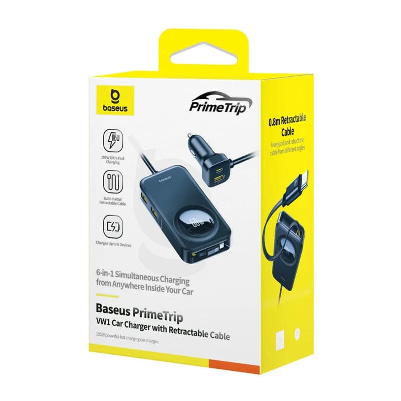 INCARCATOR auto Baseus PrimeTrip VW1, Quick Charge 60W, 2 x USB, 3 x USB Type-C, pt. bricheta auto, cablu retractabil, negru "C00069000121-00" - 6932172687465 — miniatură