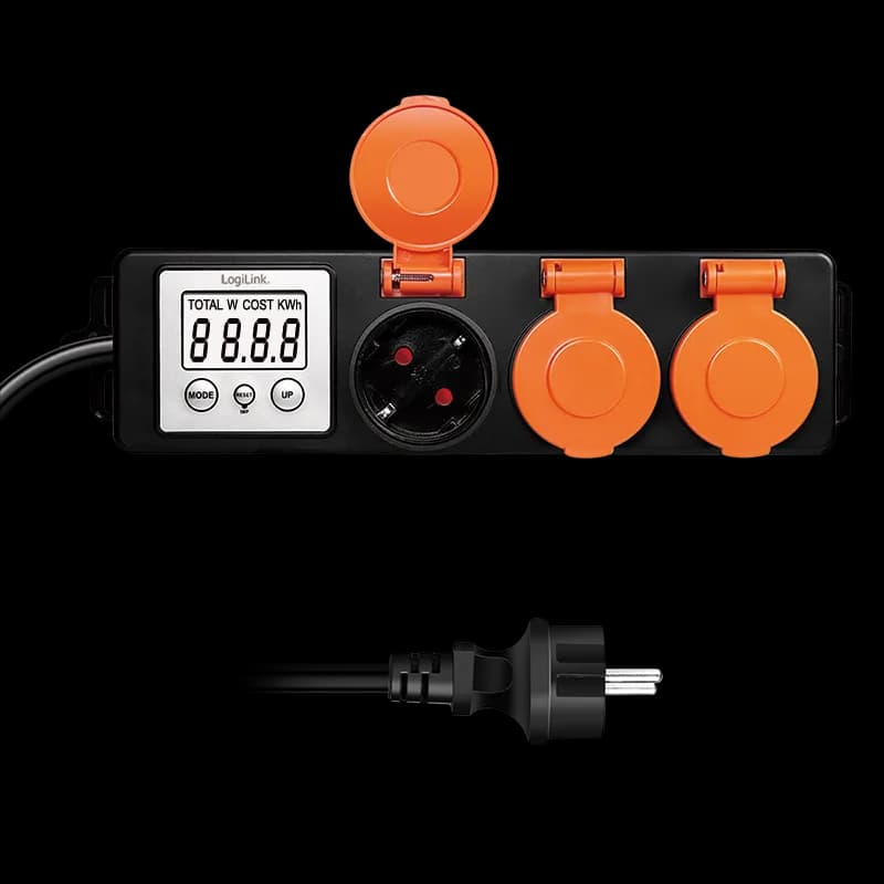 PRELUNGITOR LOGILINK, Schuko x 3, cablu 3G 1.5mm2, 230 V/16 A, 50 Hz, max. 3500 W, contor cost energetic, LCD, 3 butoane operare, IP44, de exterior, 1.4m, negru-portocaliu, "EM0008" — miniatură
