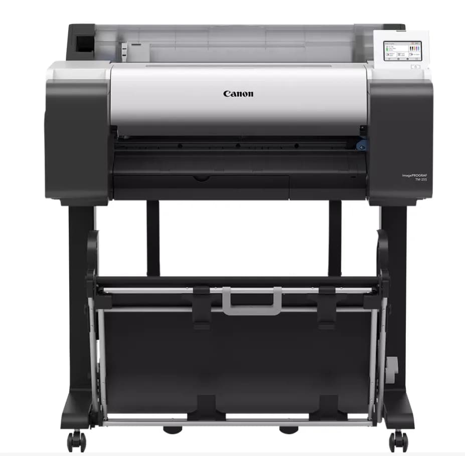 Plotter Canon imagePROGRAF TM-255 + HDD 500GB, 24"(610mm), format A1, 5 culori, rezolutie max 2400x1200dpi, memorie 2GB, limbaje de imprimare: HP-GL/2, HP RTL, PDF (Ver. 1.7), JPEG (Ver. JFIF 1.02), CALS G4 (submission via FTP only), display LCD 4.3", interfata: USB 2.0, Ethernet,WIFI consumabile