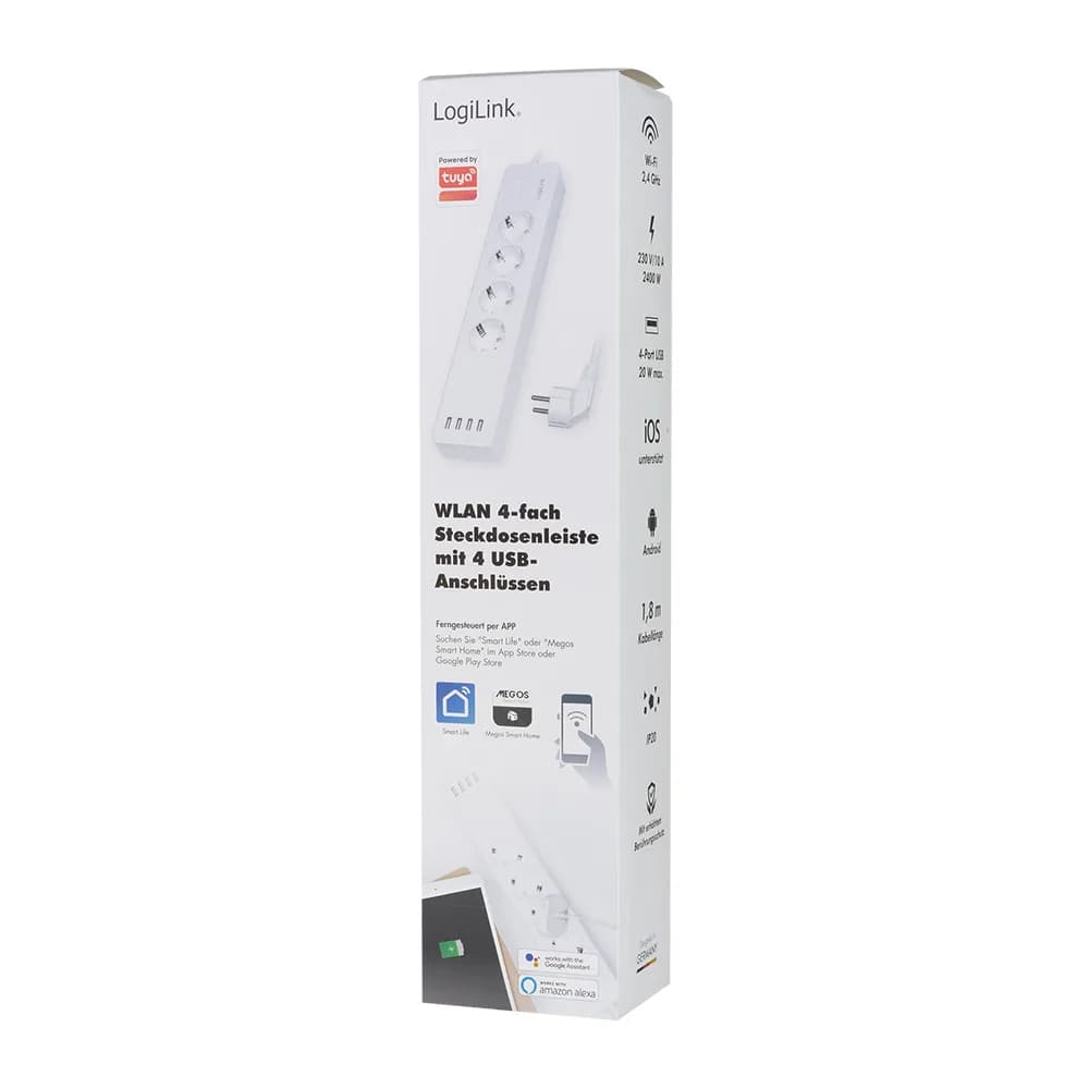PRELUNGITOR LOGILINK,Wi-Fi,Schukox4,USBx4 5V/4A max.20W, cablu 3G 1.5mm2 10A, Supracurent/supraten/scurtcircuit/supraincalzire,IP20, comp TUYA,Alexa,G.Home,1.8m,alb, "SH0104" — miniatură