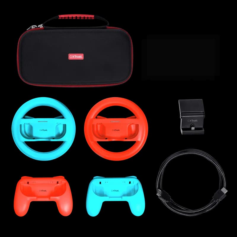 Pachet accesorii Trust pentru conosola Nintendo Switch, pachetul contine: husa de transport, 2 x prinderi Joy-Con, 2 x volan, sticla securizata pentru Switch, sticla securizata pentru Switch OLED, stand de incarcare, cablu USB-C-A, manual de utilizator — miniatură