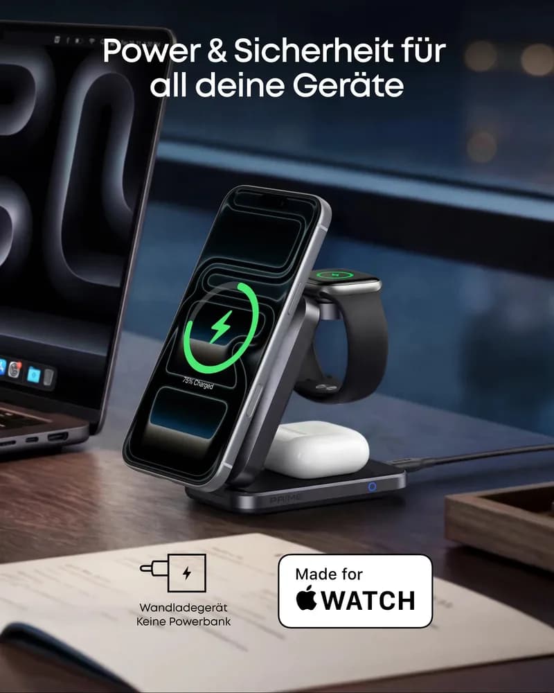 Statie de incarcare wireless 3 in 1 Anker, Prime, 45W, portabil, pliabil, fast charge, pentru iPhone seriile 12-17, Apple Watch, AirPods,exceptie iPhone 17 Air, 1 x USB-C incarcare, gri, "B25N1G11" - 0194644321809 — miniatură