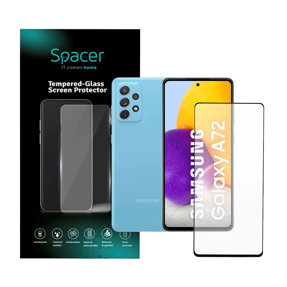 FOLIE STICLA Spacer pentru Samsung Galaxy A72, grosime 0.3mm, acoperire totala ecran, strat special anti-ulei si anti-amprenta, Tempered Glass, sticla 9D, duritate 9H "SPPG-SM-GX-A72-TG"