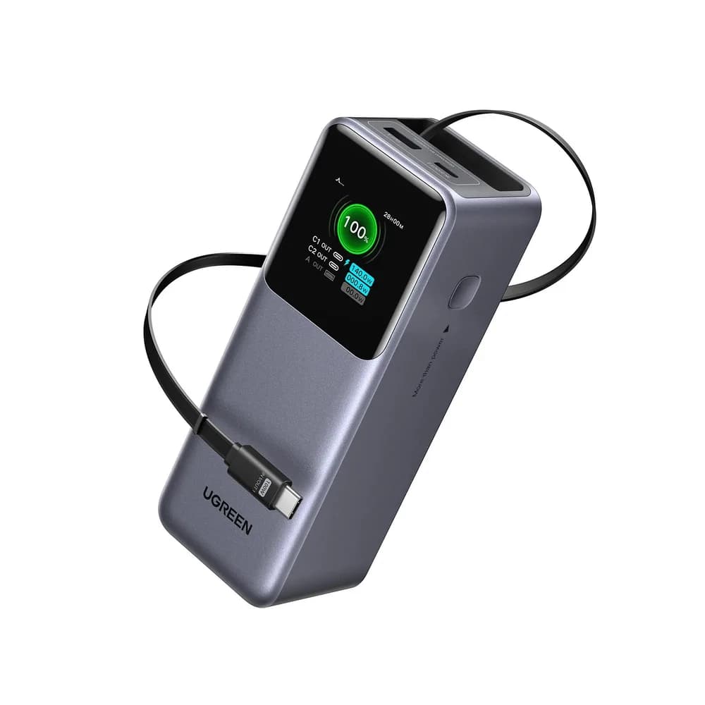 POWER BANK Ugreen "PB726", 20000mAh, 165W PD3.0, 1 x USB, 2 x USB Type-C, 1 x USB Type-C cablu integrat, display, gri, "55987B" — miniatură