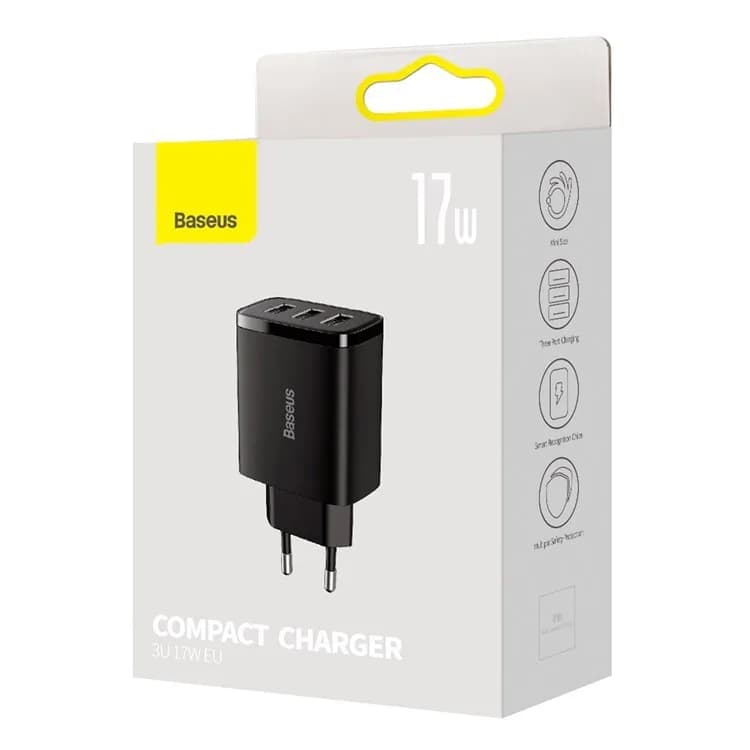 INCARCATOR retea Baseus Compact, Fast Charge 17W, 3 x USB 5V/2.1A, negru "CCXJ020101" - 6932172606961 — miniatură