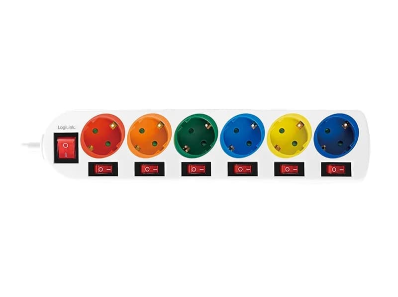 PRELUNGITOR LOGILINK, Schuko x 6, conectare prin Schuko (T), cablu 1.5 m, 16 A, protectie copii, alb/ multicolor, "LPS259" — miniatură