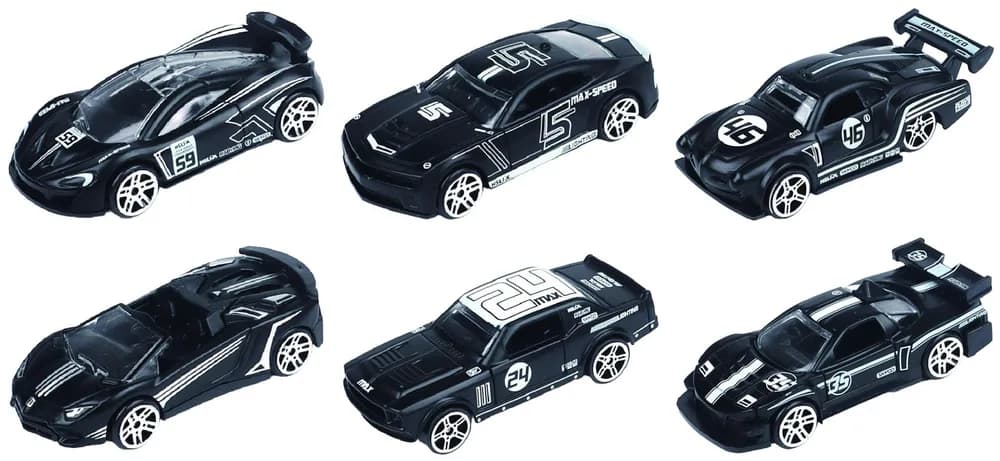 MACHETA DIE CAST, SET 6 MASINI CURSE, SCARA 1/64, 7.5CM, DIVERSE MODELE SI CULORI- PORTOCALIU, GALBEN, BLEU, GRI, ALBASTRU, ALB, NEGRU — miniatură