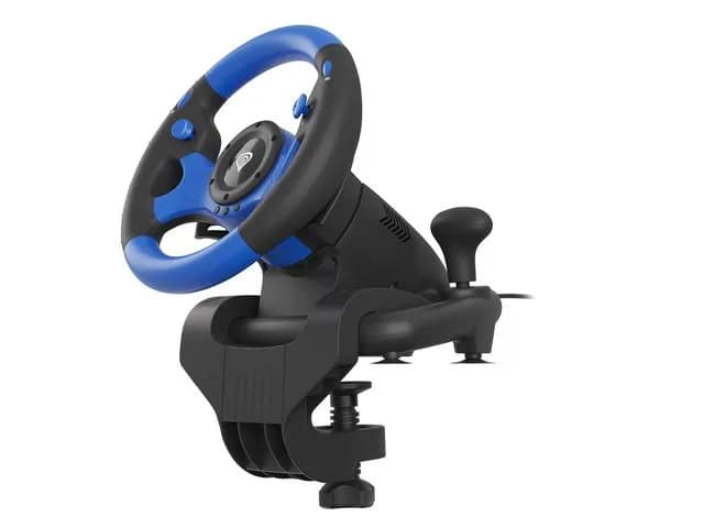 Volan Genesis cu fir Seaborg 350, interfata USB, 15 butoane, rotatie 180°, lungime cablu 200cm, compatibil cu Microsoft XBOX 360, XBOX One, Microsoft XBOX Series S, Microsoft XBOX Series X, Nintendo Switch, PC. Sony PlayStation 3, Sony PlayStation 4, negru/albastru — miniatură