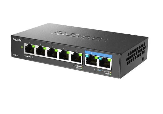 D-Link switch DMS-107, 7 porturi, Standarde si protocoale: IEEE 802.3 10BASE-T, IEEE 802.3u 100BASE-TX, IEEE 802.3ab 1000BASE-T, IEEE 802.3bz 2.5GBASE-T5 porturi Gigabit, 2 porturi 2.5Gbps, Capacitate 20 Gbps, fara ventilator, carcasa metal, dimensiuni: 145 x 82 x 28 mm, Greutate: 295.2 g, Auto — miniatură