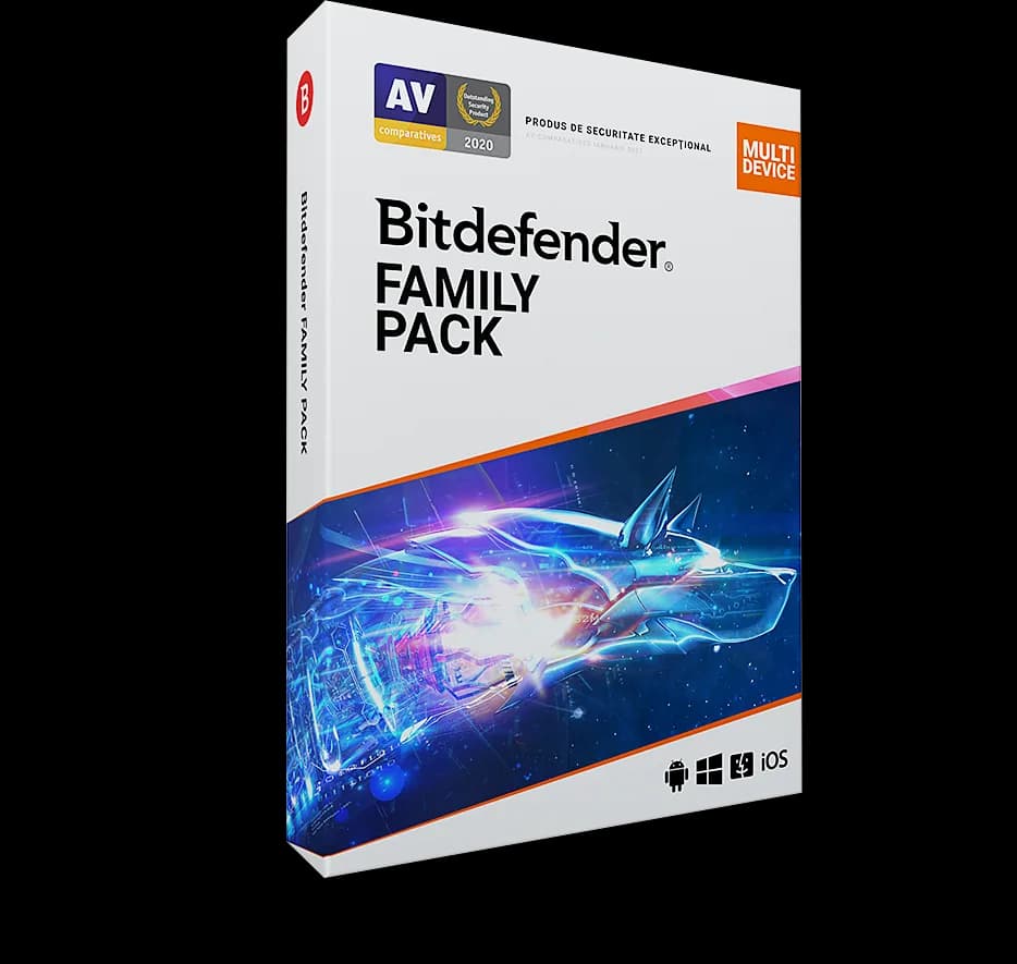 Licenta retail Bitdefender Family Pack - protectie anti-malwarecompleta pentru toata familia, disponibila pentru Windows, macOS, iOS si Android, valabila pentru 1 an, 15 dispozitive, new.