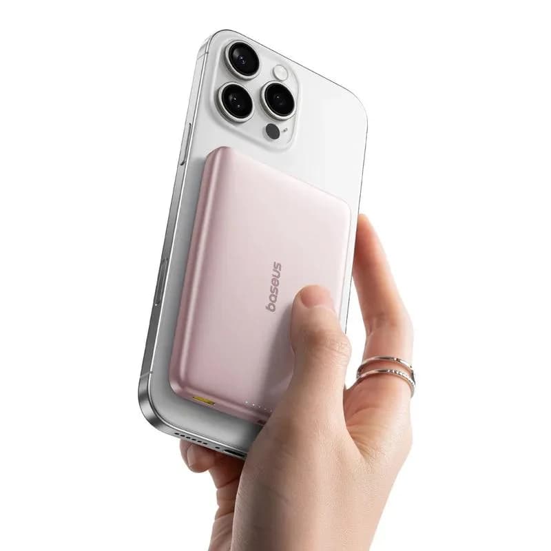 POWER BANK Baseus PicoGo AM41 Ultra-Slim Qi2, 10000mAh, 27W, prindere magnetica incarcare wireless 15W, 1 x USB Type-C, include cablu USB Type-C la USB Type-C 30cm, roz, "E0027202" - 6932172691691 — miniatură