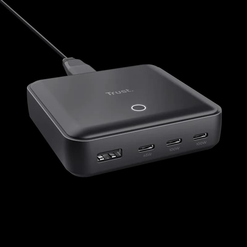 Statie de incarcare Trust, 4 porturi: 1 x USB-A & 3 x USB-C, putere maxima 100W, compatibil cu laptop, tableta, smartphone, accessorii, negru — miniatură
